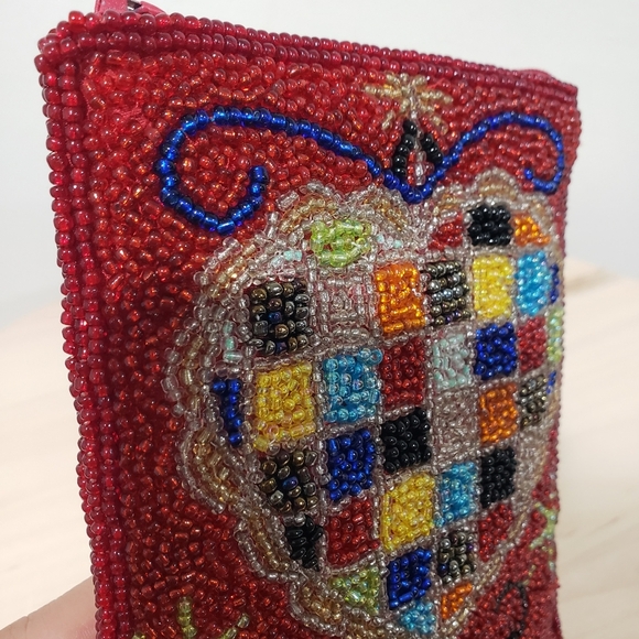 Beaded Heart Pattern Clutch Purse Bag Pouch Red Multicolor Beaded Boho Goth - Picture 6 of 11